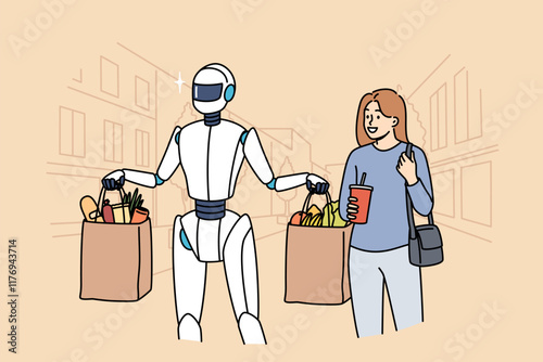Humanoid robot assistant helps carry bags of groceries from store, walking next to woman around city. Robot assistant performing hard work to avoid overexertion and get rid of uncreative tasks