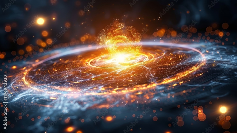 Obraz premium Futuristic digital galaxy featuring luminous particles and dynamic circular patterns in motion