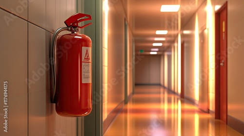 Wallpaper Mural A fire extinguisher tank installed next to an emergency alarm on a clean, brightly lit corridor wall Torontodigital.ca