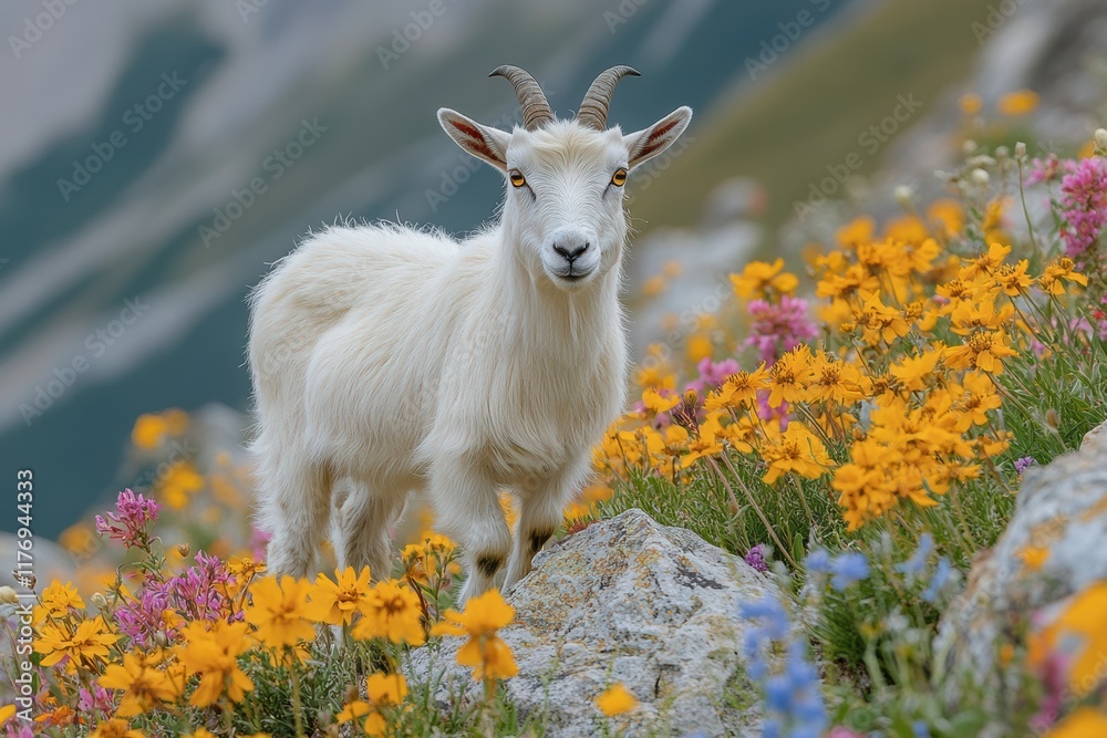 Obraz premium Goat expertly navigating rocky terrain amidst vibrant wildflowers in a mountainous landscape