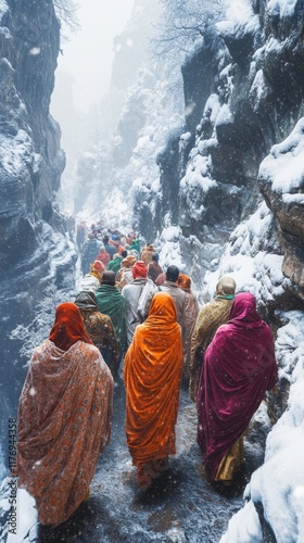 Colorful Pilgrims on a Snowy Mountain Path photo