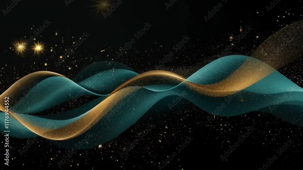 Elegant teal and gold abstract waves on a dark background