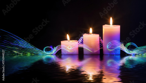 Glowing candles create romantic atmosphere with colorful reflections and light trails photo