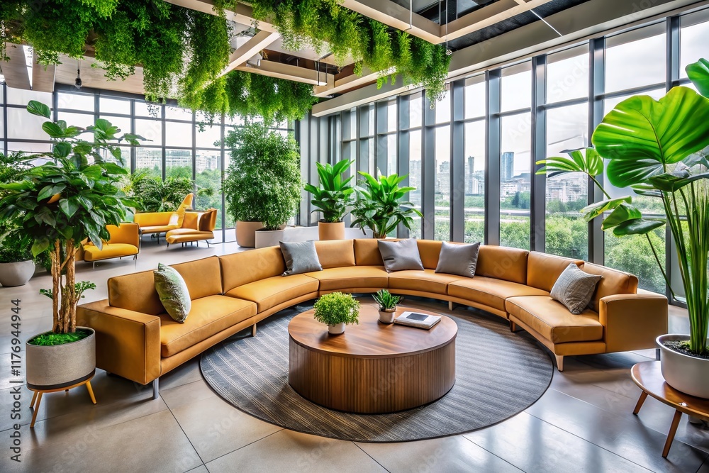 Fototapeta premium Modern Office Interior: Curved Sofa, Plants, & Tables - Drone View