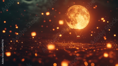 Fiery moon in hot air balloon over glowing landscape.