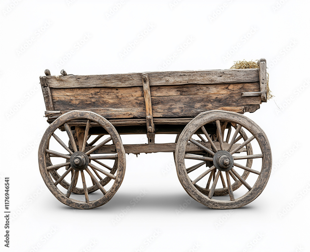 Rustic wooden cart with large wheels and hay, standing on a clean background showcasing classic craftsmanship Rustic wooden cart with large wheels and hay, standing on a clean background showcasing classic craftsmanship