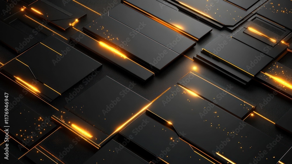 Abstract technological design with glowing yellow lines and dark gray panels.