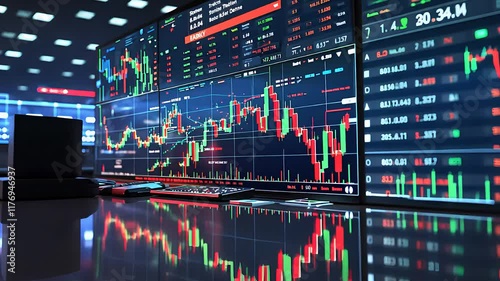 Stock Market Trading Screen with Real-Time Data, Graphs, and Indicators in a High-Tech Financial Workspace

 photo