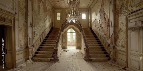 A grand, abandoned staircase in a dilapidated building, showcasing peeling walls and dust-covered floors.