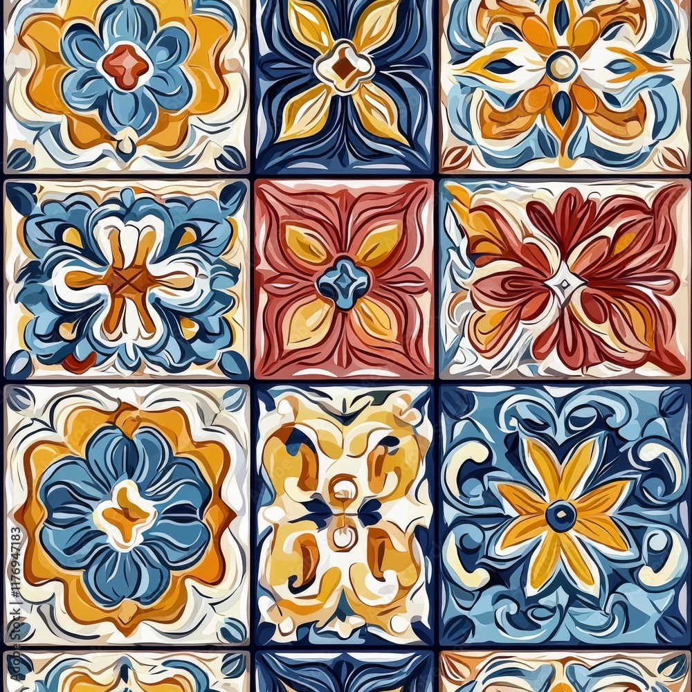 A vibrant mosaic design featuring intricate floral patterns in blue, orange, yellow, and red hues, arranged in a symmetrical grid layout. A vibrant mosaic design featuring intricate floral patterns in blue, orange, yellow, and red hues, arranged in a symmetrical grid layout.