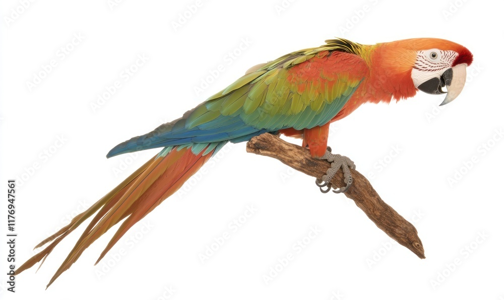 Fototapeta premium Colorful macaw perched on branch, white background, exotic bird, wildlife photography
