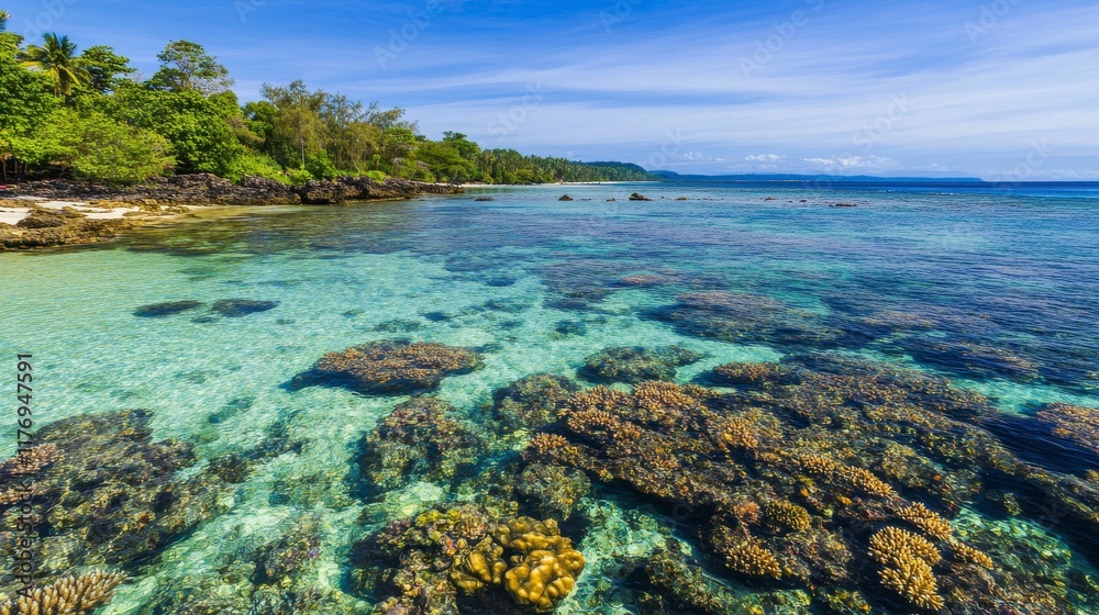 Fototapeta premium Tropical Island Coastal Paradise: Pristine Coral Reefs and Crystal Clear Waters