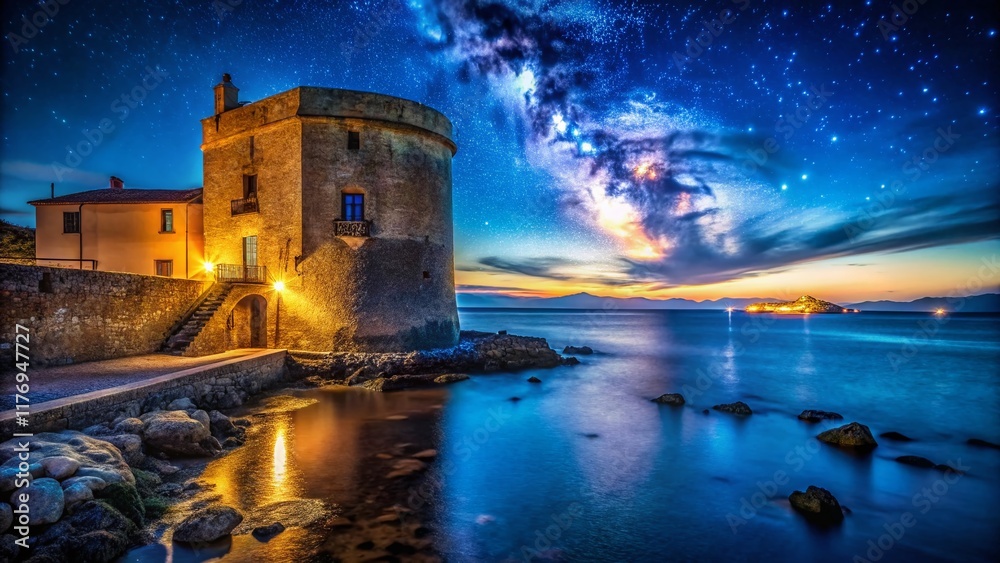 Fototapeta premium Night Photography: Alghero's Porta Terra Tower, Sardinia, Italy