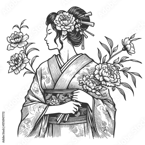 geisha in traditional kimono, surrounded by detailed blooming flowers and foliage sketch engraving generative ai fictional character vector illustration. Scratch board imitation. Black and white image