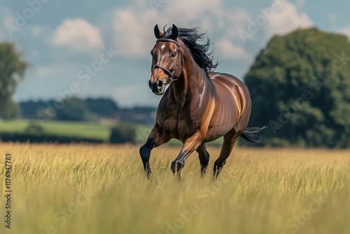 Galloping horse in a lush green field under a bright sky during the day photo