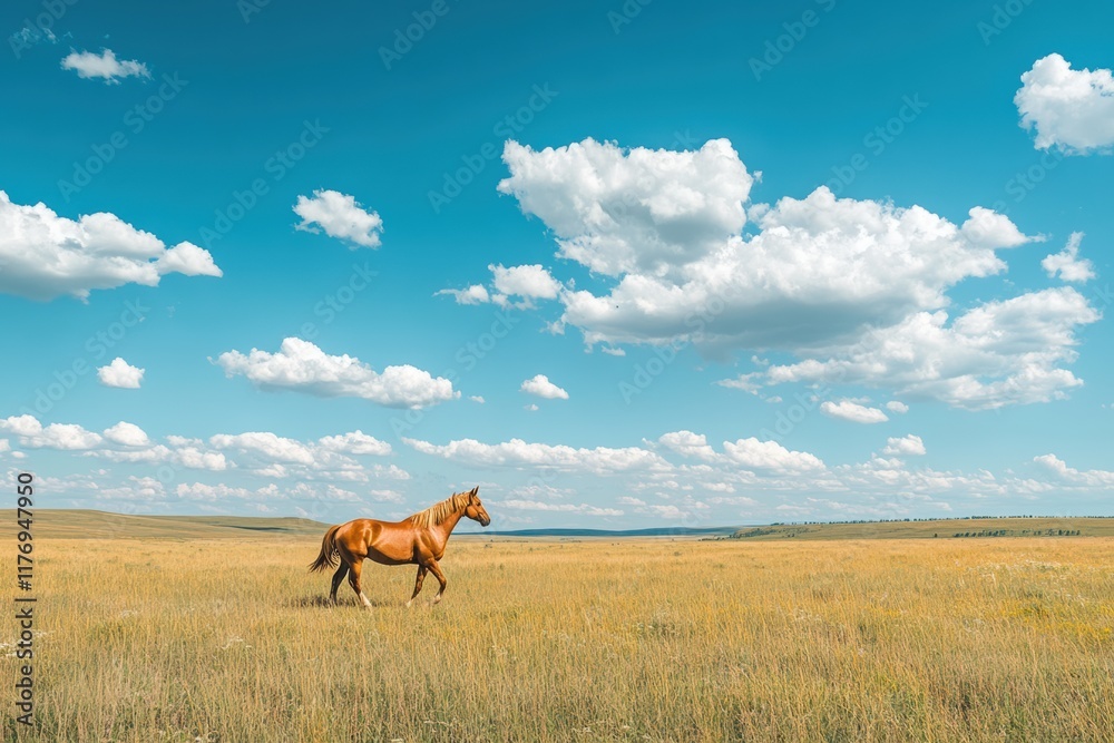 Horse galloping freely through a vast golden field under a bright blue sky with fluffy clouds Horse galloping freely through a vast golden field under a bright blue sky with fluffy clouds