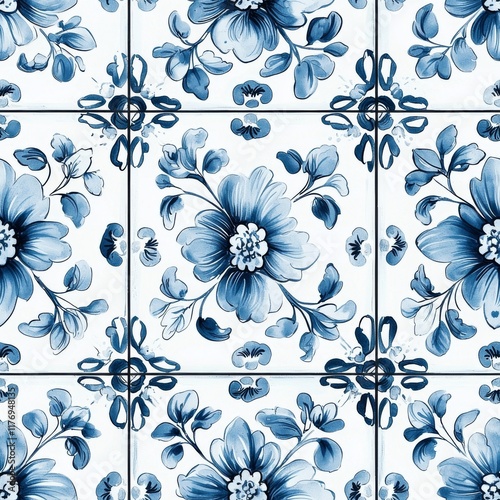 A decorative tile pattern featuring intricate blue floral designs on a white background, showcasing elegance and artistry.