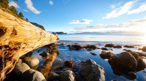 Stunning coastal landscape featuring a picturesque seascape with serene waters, rocky shore, and a sunlit sky. photo