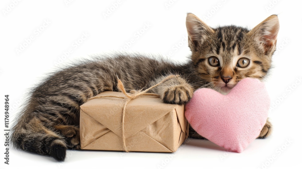 Charming kitten with a heart and colorful gift box set against a bright white background