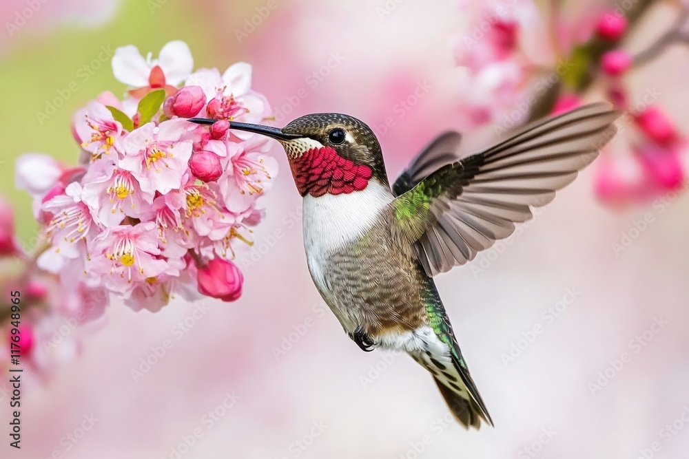 Naklejka premium Hummingbird sipping nectar from blooming cherry blossoms in springtime garden