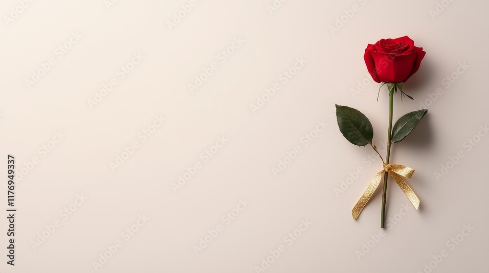 Obraz premium A bouquet of red roses with golden accents tied with golden ribbons, placed on a soft beige background.