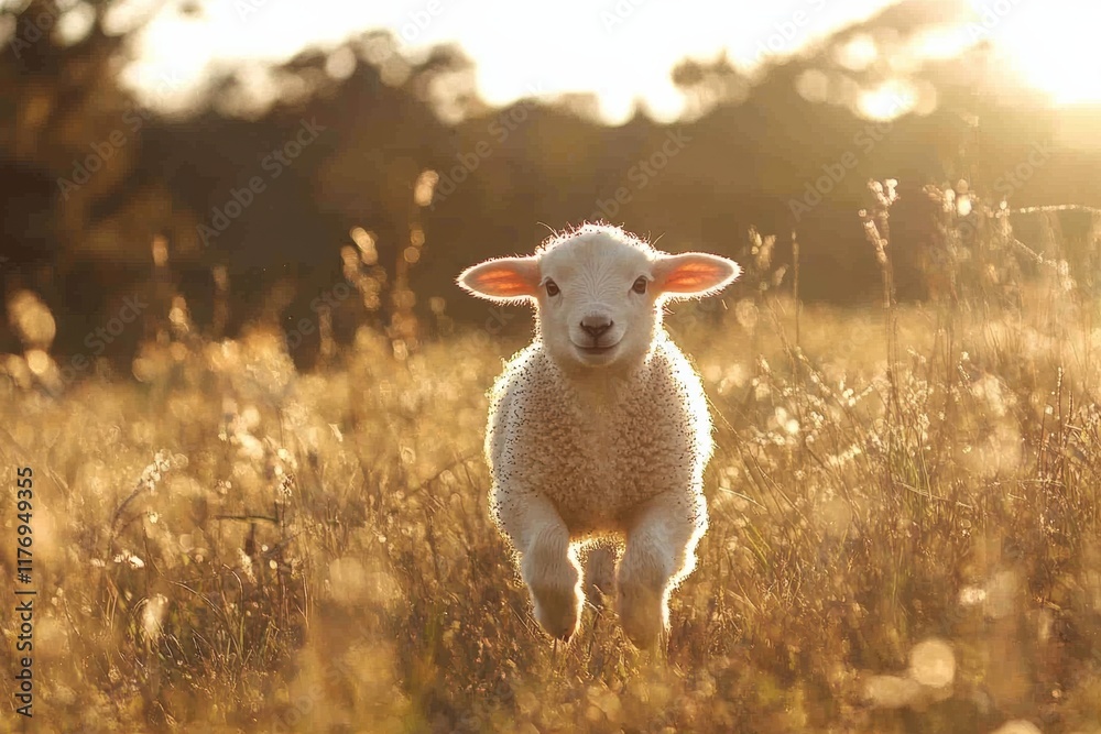 Obraz premium Lamb frolicking joyfully in a sunlit meadow during a warm afternoon