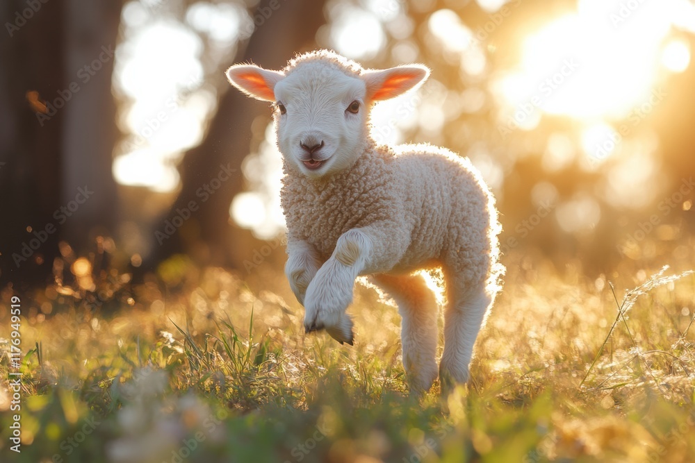 Lamb frolicking joyfully in a sunny meadow during golden hour Lamb frolicking joyfully in a sunny meadow during golden hour