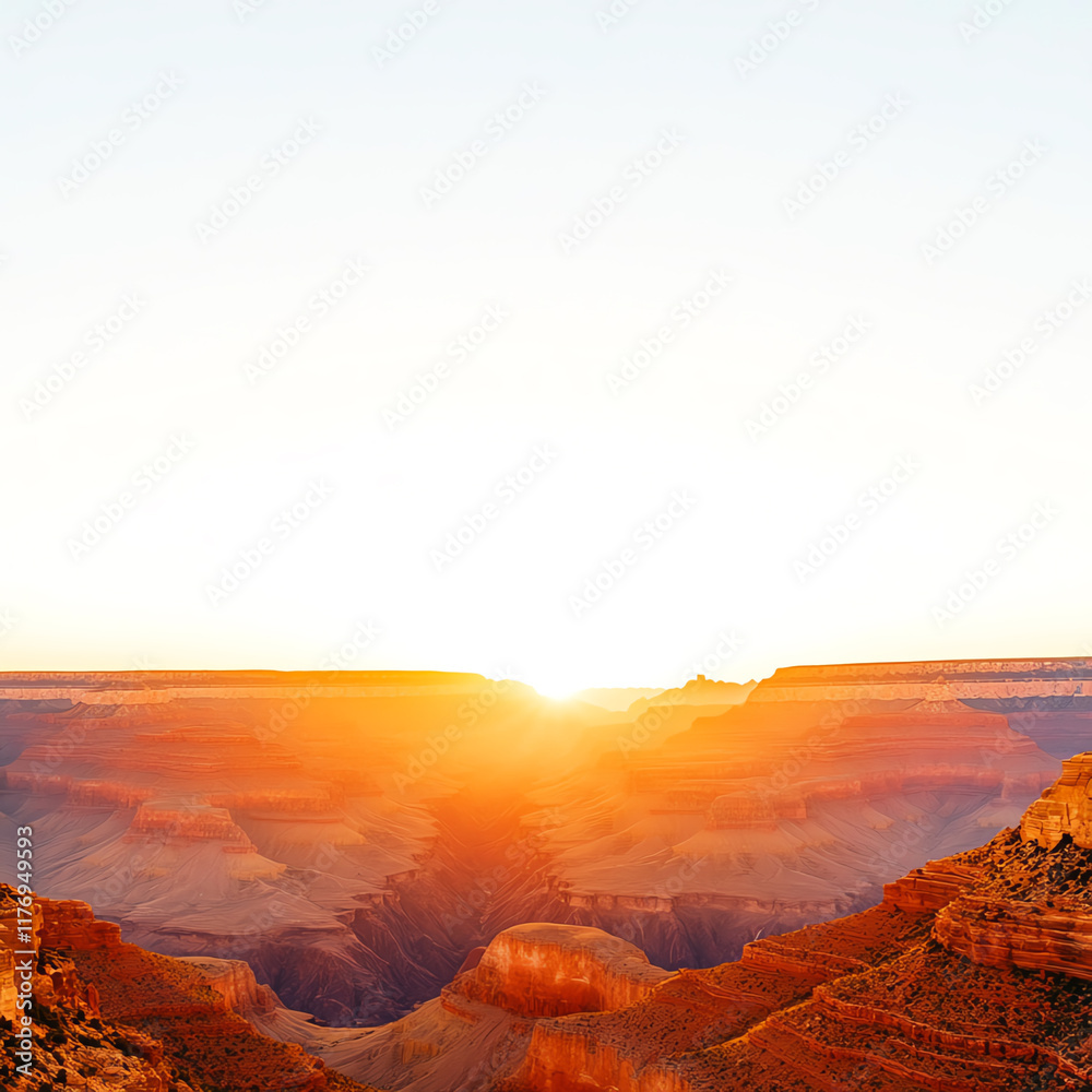 Naklejka premium Stunning sunrise over the majestic Grand Canyon, showcasing vibrant colors across rugged terrains and a clear blue sky.