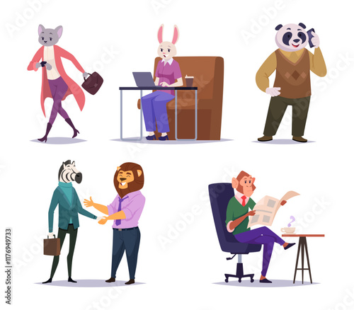 Anthropomorphic animals. Business scenes images working business dialogues animals with human bodies exact vector cartoon illustrations