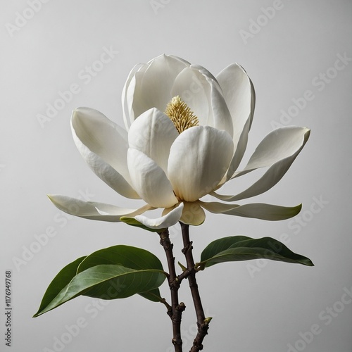 A single white magnolia bloom, with lush petals, set against a blank white canvas.