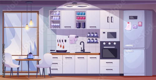 Kitchen background. Furniture composition in kitchen room exact vector template illustration in cartoon style