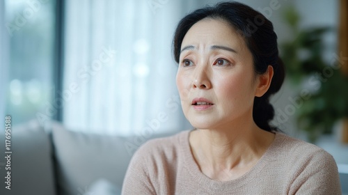Free Download A woman sits thoughtfully in a comfortable living room, gazing intently as she contemplates her feelings. Soft natural light filters through the curtains, creating a calm atmosphere - GFXLoad