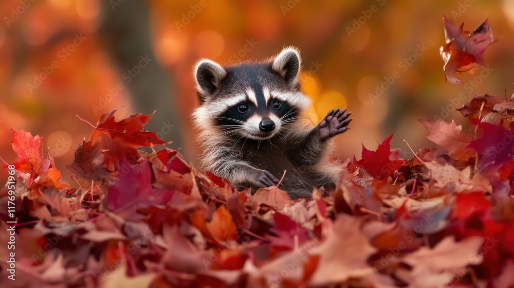 Adorable baby raccoon playing in a pile of autumn leaves.