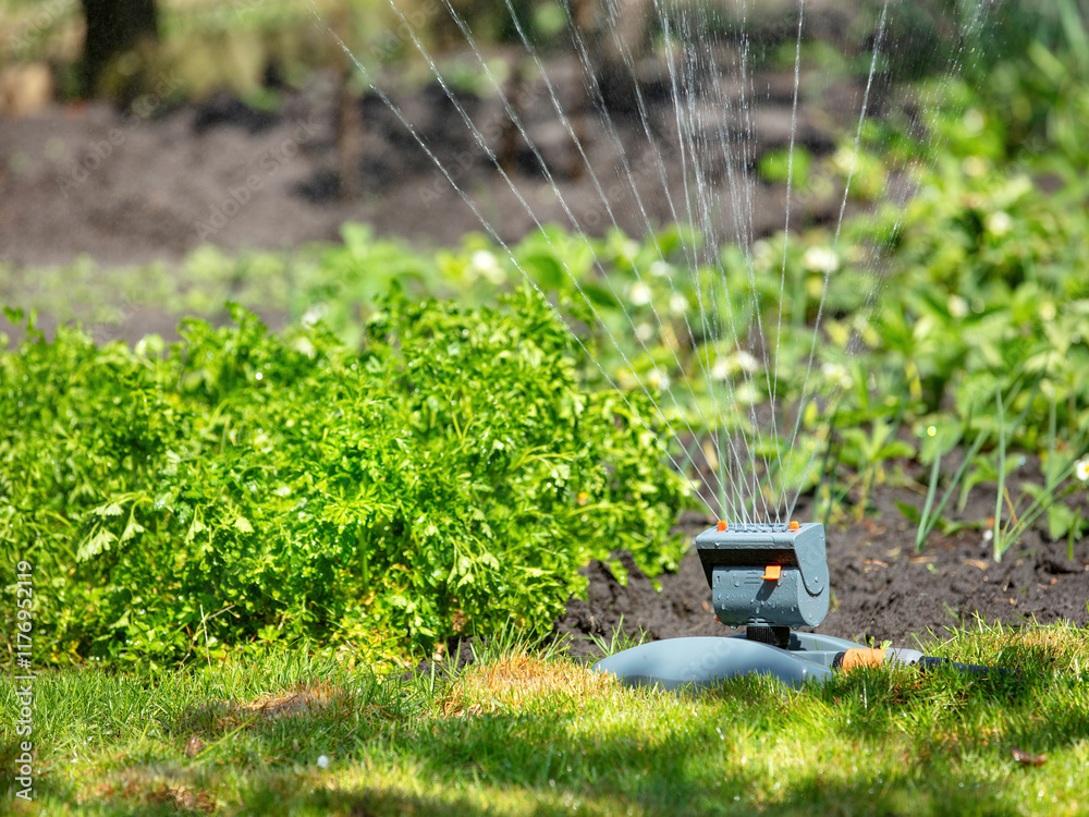 Watering lush greenery with a garden sprinkler on a sunny afternoon in a backyard oasis