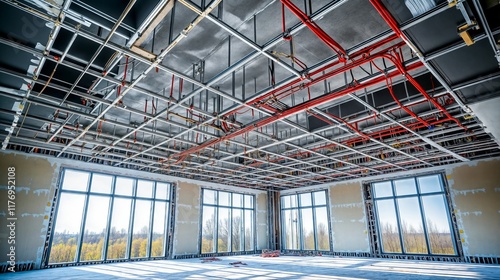 Installing suspended ceiling grid and sprinkler system in modern office building