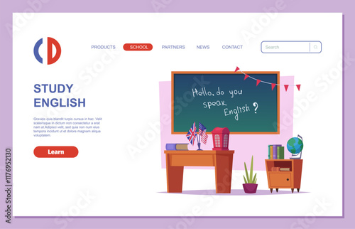 school landing. web page template english study presentation. vector education concept