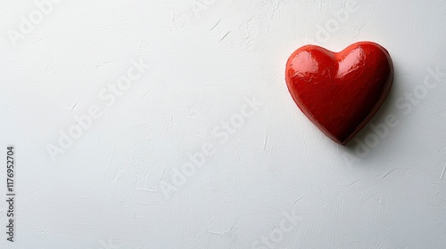 A vibrant red heart rests on a smooth white surface, creating an inviting space ideal for Valentine's Day greetings or romantic messages