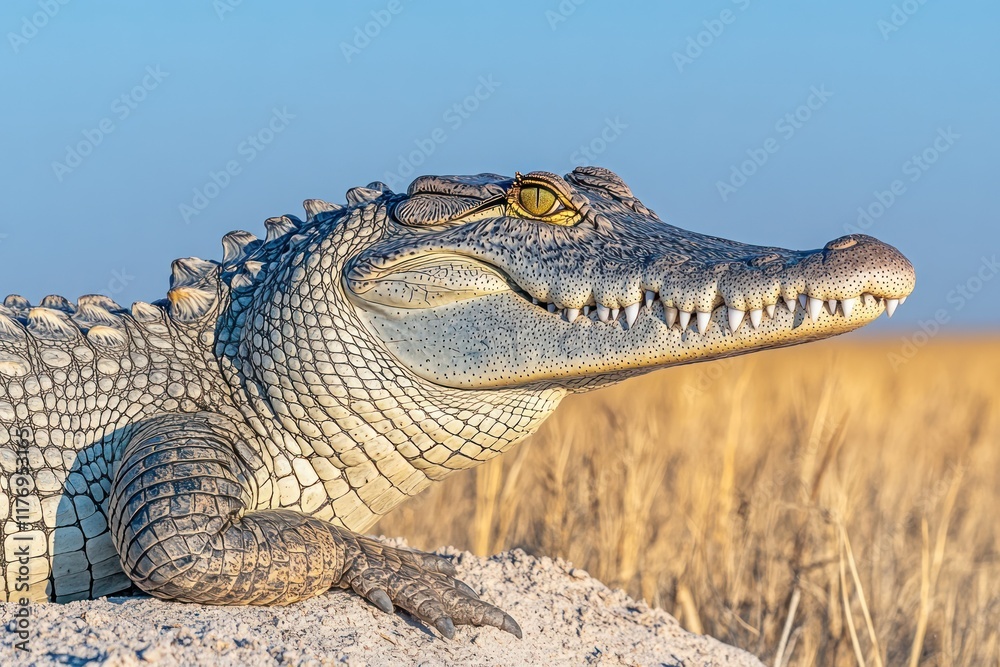 Fototapeta premium Young crocodile, resting, African savanna, sunlit grasslands, wildlife