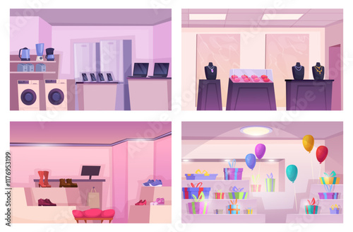 Mall interior. Fashion boutique shopping mall center with fashionable people exact vector cartoon template