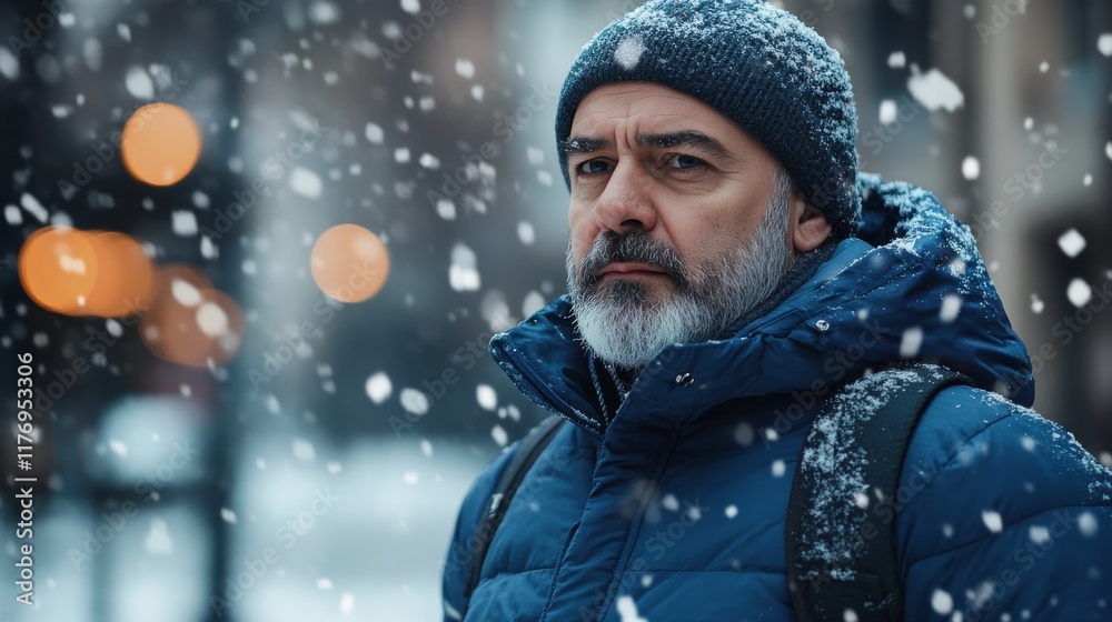 A man with a gray beard and blue jacket stands still in falling snow, lost in thought as city lights blur softly in the background, evoking a tranquil winter atmosphere A man with a gray beard and blue jacket stands still in falling snow, lost in thought as city lights blur softly in the background, evoking a tranquil winter atmosphere