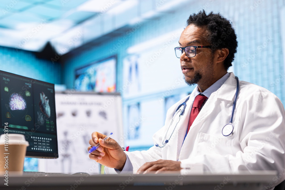 African american doctor explaining diagnostic report to female patient, showing the test results and giving prescription medicine. Using medical technology at check up visit, medicare.