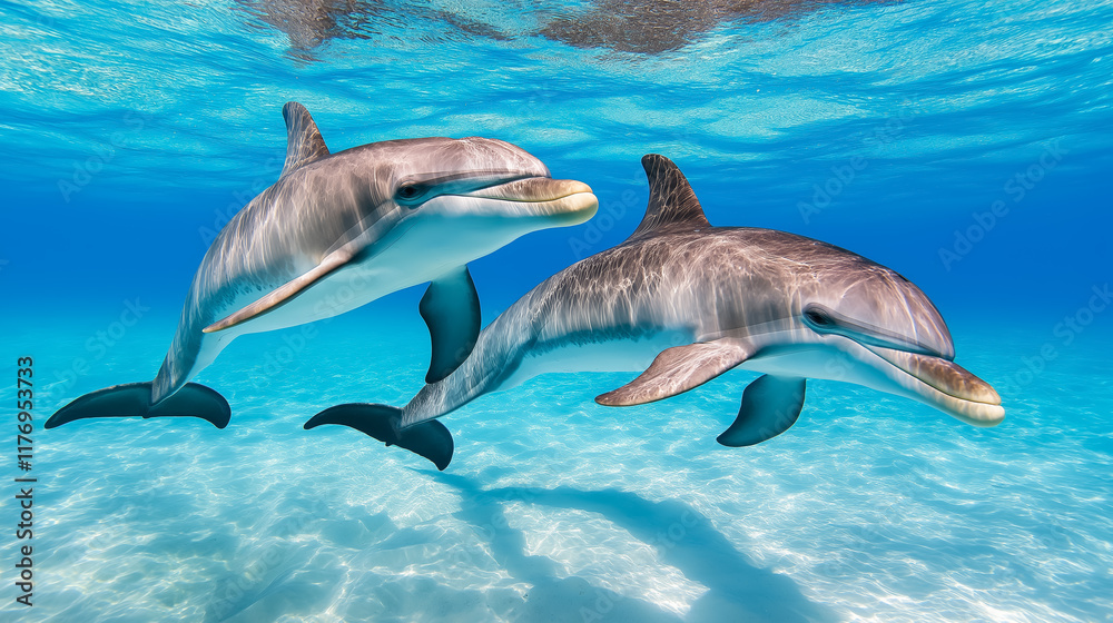 Naklejka premium Dolphins swimming gracefully in crystal clear waters beneath a sunny sky