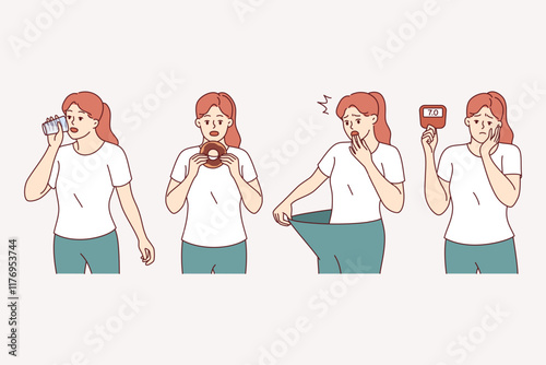 Woman with symptoms of diabetes experiences thirst and hunger, or suddenly loses weight for no reason. Girl is scared when she sees symptoms of diabetes and decreased insulin in blood.