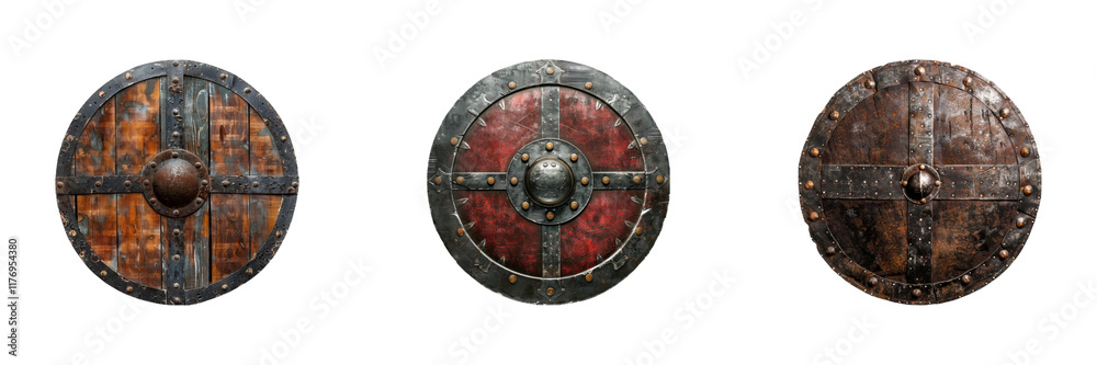 Round Wooden and Metal Shields Set Isolated on Transparent Background Round Wooden and Metal Shields Set Isolated on Transparent Background