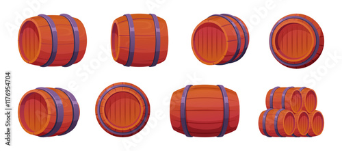 Barrel. Wooden containers for wine water or honey storage exact vector wooden wine barrel different viewpoints illustrations in cartoon style
