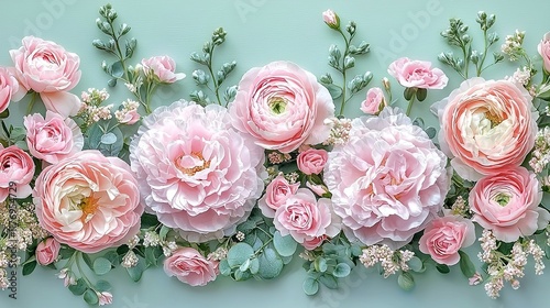 Pink peonies, ranunculus, eucalyptus on pastel backdrop for spring designs.