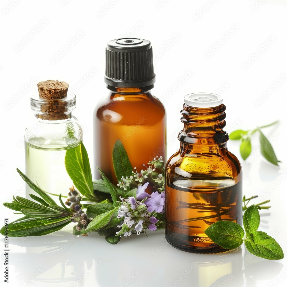 Bottles of essential oil with fresh herbs creating a soothing aromatherapy blend Bottles of essential oil with fresh herbs creating a soothing aromatherapy blend