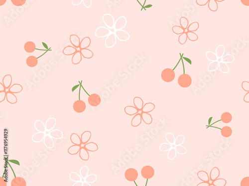 Seamless pattern of cherry with green leaves and cute flower on pink background vector.