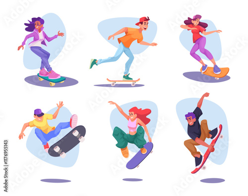 Skateboarders. Urban lifestyle of teenagers skateboarders exact vector boys and girls in action poses making different tricks