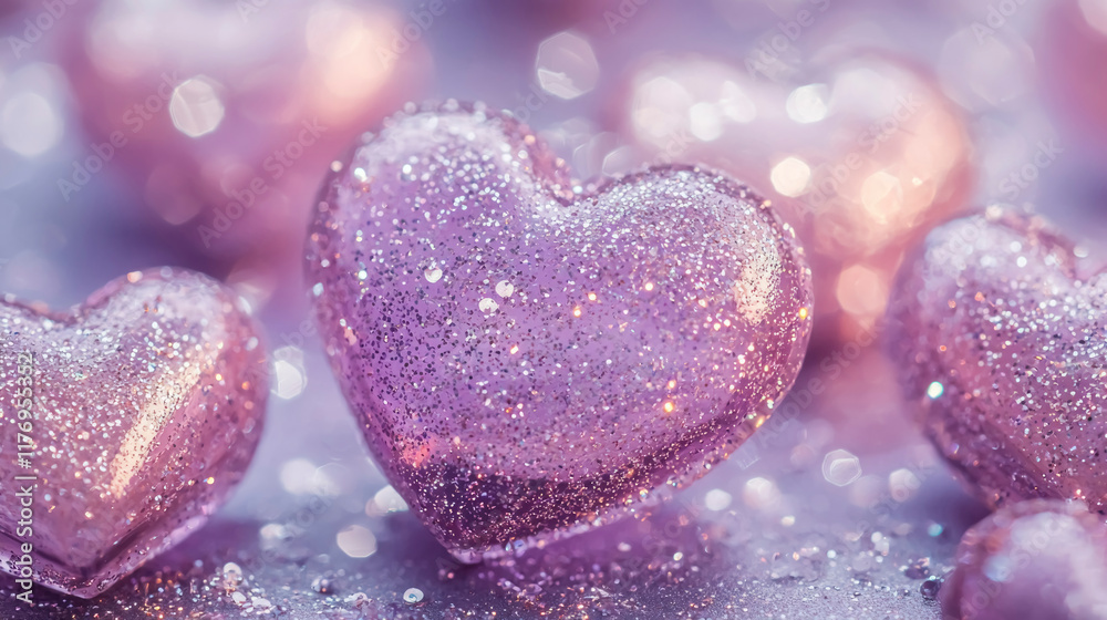 Obraz premium Delicate lilac hearts shimmer against a sparkling silver backdrop, perfect for Valentine's Day, symbolizing love and romance with space for personal messages
